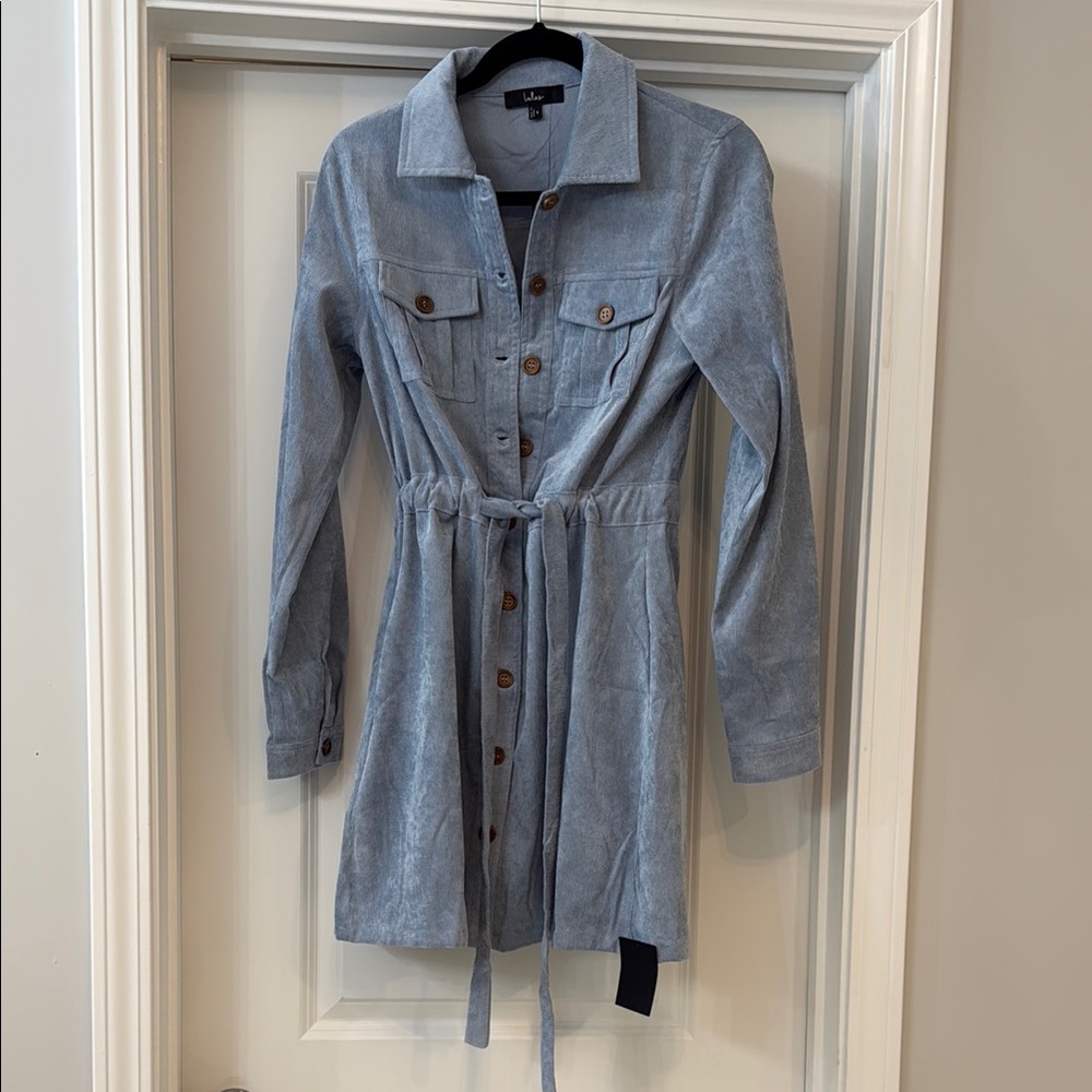 Lulu's Simple Affection Blue Corduroy Mini Dress With Pockets